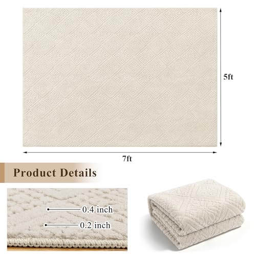 U'Artlines 5x7 Beige Washable Area Rug for Living Room | Soft Fluffy, High Low Textured Carpet, Modern Neutral, Geometric, Non Slip Rugs for Bedroom, Dining Room, Kids Room - size: 5 x 7ft