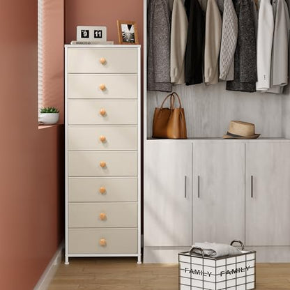 Fabric Dresser for Bedroom, 8 Drawer Tall Vertical Skinny Tower (Beige) | Wooden Top, Steel Frame, Easy Pull Bin,Organizer Unit for Living Room, Hallway, Entryway, Nursery, Closets - color: Beige, style: Narrow-8 Drawers