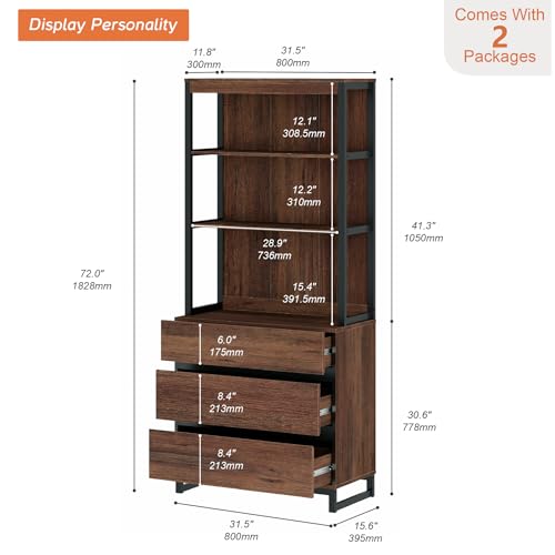 WAMPAT Modern 72" Tall Bookshelf with 3 Drawers and Open Book Shelves, Library Bookcase with Storage Cabinet, Wood Freestanding Book Shelf for Home Office, Living Room, Brown - color: Brown-b, size: 1 PCS