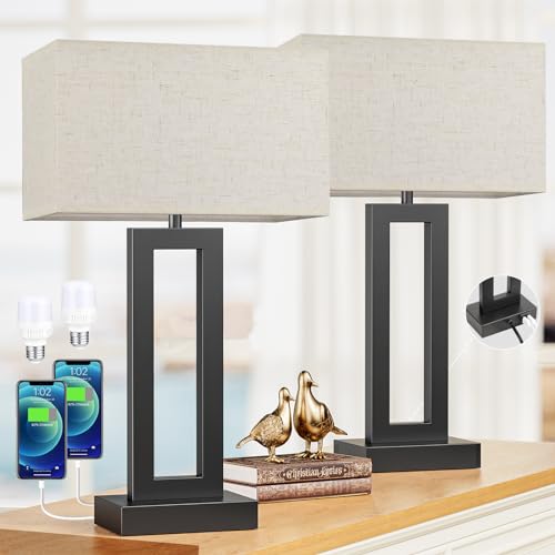 Seealle 22" Tall Living Room Lamps for Night Stands - Touch Bedside Lamp with USB C+A, 3 Way Dimmable Bedroom Lamps for End Tables Set of 2, Modern Night Stand Lamps for Bed Side(Cream&Black) - color: D. Cream&Black, size: Large(22in)