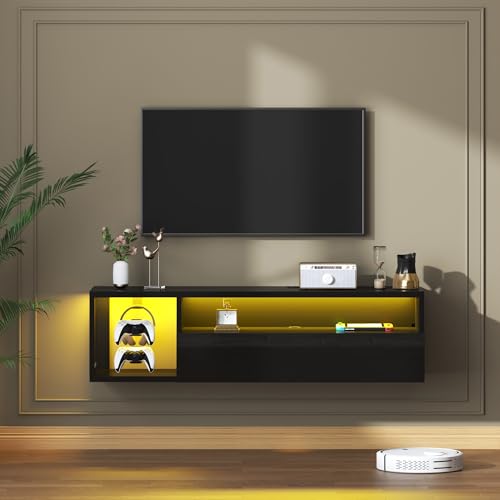 sogesfurniture 39.3'' Floating Wall TV Cabinet Stand with LED Lights, Wall Mounted Entertainment Center with Storage Shelves, Modern High Gloss Media Console for Living Room, Bedroom - size: 39.3"-Black