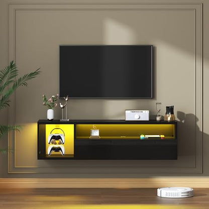 sogesfurniture 39.3'' Floating Wall TV Cabinet Stand with LED Lights, Wall Mounted Entertainment Center with Storage Shelves, Modern High Gloss Media Console for Living Room, Bedroom - size: 39.3"-Black
