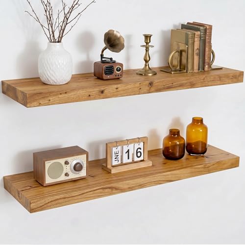 Dreamland Rustic Elm Woood Floating Shelves for Wall Decor, 30" W x 8" D x 1.5" H Floating Shelves Set of 2, Wall Mounted Deep Wooden Shelf for Living Room, Bedroom, Kitchen, Bathroom, Natural - color: Natural, size: Flat Edge - 30"L