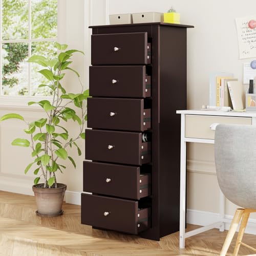 GIANTEX 6-Drawer Dresser for Bedroom, Wooden Chest of Drawers w/Metal Handles & Large Capacity, 16" D x 23.5" W x 53.5" H Clothes Organizer, Modern Tall Dresser for Bedroom, Entryway, Living Room - color: Brown