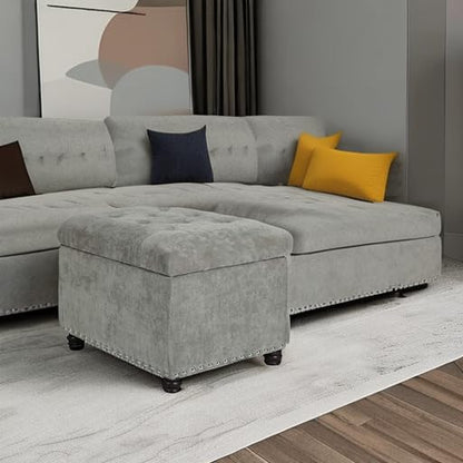Adeco High End Classy Tufted Accents Rectangular Bench Footstool, Light Storage Ottoman, Royal Olive Grey - color: Royal Light Olive Grey