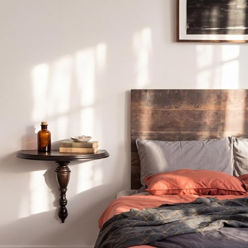 Fumete Solid Wood Floating Shelf for Wall Half Moon Bedside Shelf | Rustic Mid Century Modern Mounted Nightstand Floating Bedside Table for Bedroom, Living Room, Bathroom, Kitchen, Office