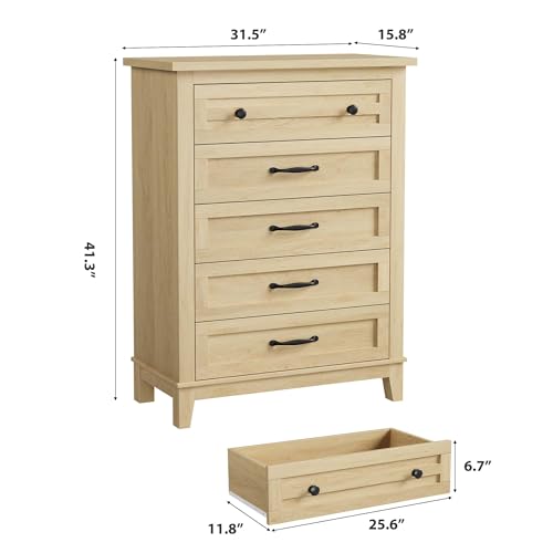 GarveeHome 5 Dresser for Bedroom, 41.3 in Tall Vertical Drawer Dresser with Large Storage, Freestanding Wooden Closet Chest for Bedroom, Living Room, Natural Oak - color: Natural Oak, size: 15.8"D x 31.5"W x 41.3"H (5 Drawers)