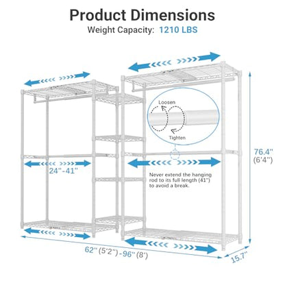 VIPEK X3 Expandable Heavy Duty Clothes Rack Closet Organizer System White | Large Freestanding Clothing Racks with Adjustable Shelves and Hanger Rods from 5'2" to 8', Reach-in & Walk-in Closet, 1210LBS - color: White, size: X3