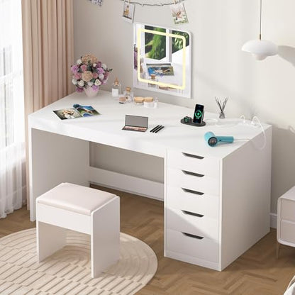 47 Inch Computer Desk with 5 Drawers and Power Outlets for Small Spaces | Home Office Desks with Storage File Cabinet and Charging Station, Modern Simple Laptop Desk Writing Table, White - color: White