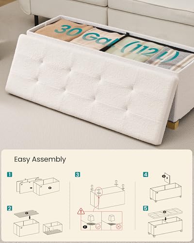 SONGMICS Storage Ottoman Bench with Legs, Folding Ottoman Foot Rest with Flipping Lid, Bench with Storage, for Living Room, Bedroom, Entryway, Teddy Fleece, 43.3 Inches, Cream White ULSF081WD01 - color: Cream White, style: with Flipping Lid