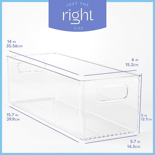 Plastic Food Storage 4 Pack Clear Container Bin with Handles for Organizing Kitchen, Pantry, Fridge, Freezer, Pantry, Bathroom. 14"x6"5" - size: 14x6x5