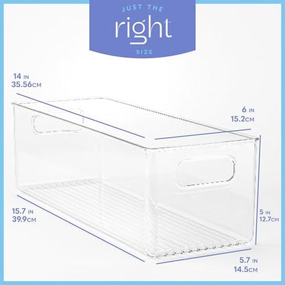 Plastic Food Storage 4 Pack Clear Container Bin with Handles for Organizing Kitchen, Pantry, Fridge, Freezer, Pantry, Bathroom. 14"x6"5" - size: 14x6x5