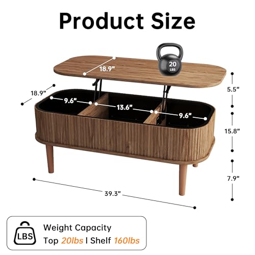 Fluted Lift Top Coffee Table with Hidden Storage, Oval Coffee Table with Lifting Top, Mid Century Modern Design for Living Room, Office & Small Spaces, Walnut - color: Walnut