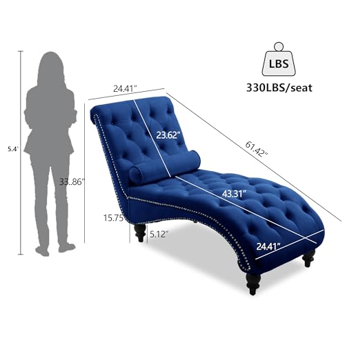 Button-Tufted Chaise Lounge Indoor, Velvet Chaise Lounge Chair with Legs & Toss Pillow, Armless Rolled Backrest Leisure Sofa Recliner for Living Room Bedroom (Navy) - color: Navy Velvet