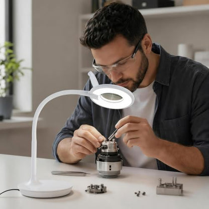 3X+6X Magnifying Glass with Light and Stand, Dimmable LED Magnifying Lamp | Flexible Gooseneck, Hands Free Magnifier, Magnification Lamp for Elderly Craft Hobby Painting Sewing Close Work,Weighted Base - color: White
