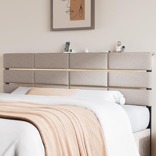 Full/Queen Size Upholstered Headboard, Adjustable Head boards with LED Light & Charging Station, Bed Headboard Only, Attach Frame, Study & Comfortable, Ideal for Bedroom, Dorm, Guest Room, Beige - color: Beige, size: Full/Queen\