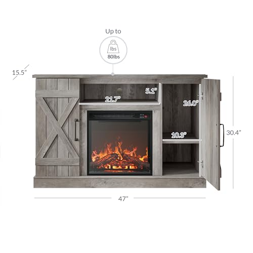 BELLEZE 47" TV Stand with 18" Electric Fireplace Heater & Media Entertainment Center Console Table for TV up to 50" with Open Storage Shelves & Cabinets - Veropeso (Grey Wash) - color: Gray Wash, style: 47" TV Stand/W 18" Fireplace