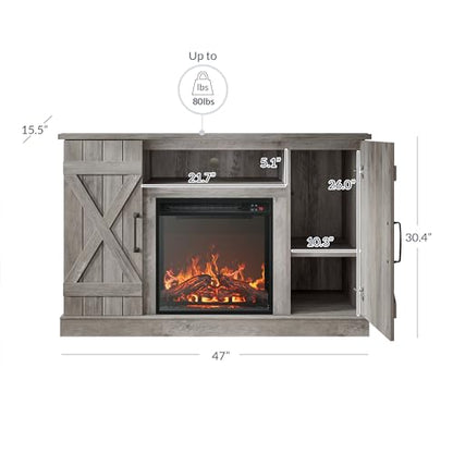 BELLEZE 47" TV Stand with 18" Electric Fireplace Heater & Media Entertainment Center Console Table for TV up to 50" with Open Storage Shelves & Cabinets - Veropeso (Grey Wash) - color: Gray Wash, style: 47" TV Stand/W 18" Fireplace