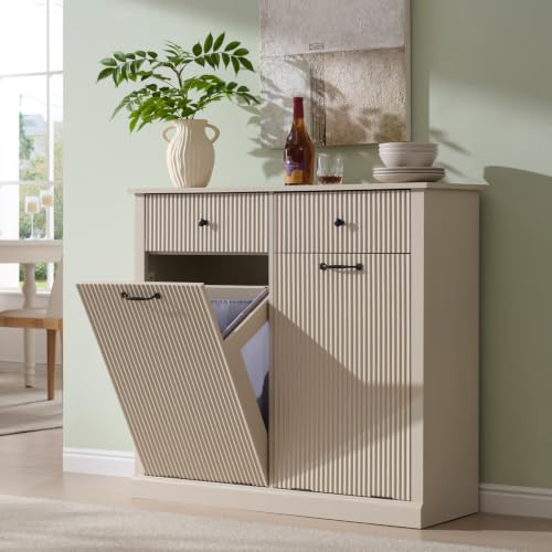 IFGET Double Tilt-Out Trash Cabinet, Fluted Laundry Hamper Cabinet, Cream | 20 Gallon Modern Fluted Laundry Hamper Cabinet with 2 Drawers,Wooden Hidden Garbage Can Cabinets w/Storage Basket for Kitchen - color: Cream, size: Double Door