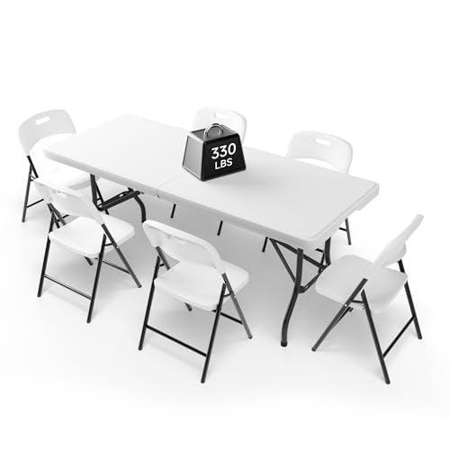 6FT Folding Table Set with 6 Chairs – Heavy-Duty 330 lb Table & 600 lb Chairs, Portable Foldable Furniture Set for Camping, Parties, Indoor & Outdoor Use - color: White Table & Chairs, size: 6ft, style: 6 chairs