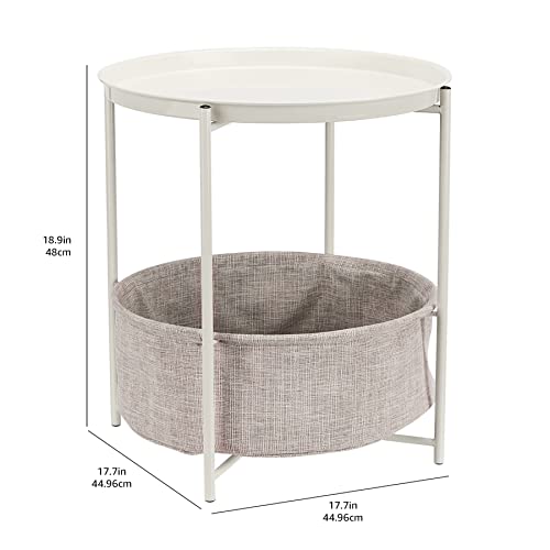 Amazon Basics Round Storage End Table, Nightstand with Cloth Basket, Bedside Table, White/Heather Gray, 17.7" L x 17.7" W x 18.9" H - color: White