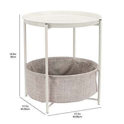 Amazon Basics Round Storage End Table, Nightstand with Cloth Basket, Bedside Table, White/Heather Gray, 17.7" L x 17.7" W x 18.9" H - color: White