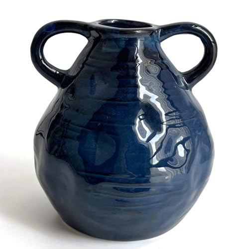 LIFFY Blue Ceramic Vase for Flowers, 6.3 Inch Tall Modern Farmhouse Centerpiece with Double Handles, Vintage Rustic Decorative Vases Home Table Decor (Navy Blue) - color: Double Handle-blue