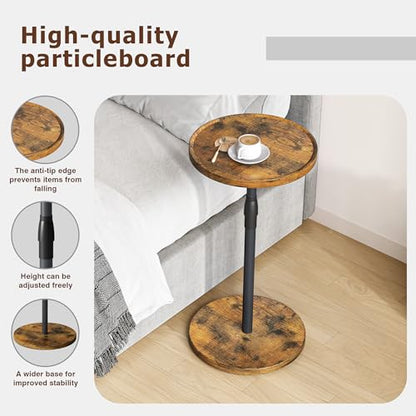 Adjustable Round Side Table, Pedestal Drink Table for Small Spaces | Small End Table, Tall Round Nightstand for Living Room Bedroom Rustic Brown ET-010RB - color: Rustic Brown