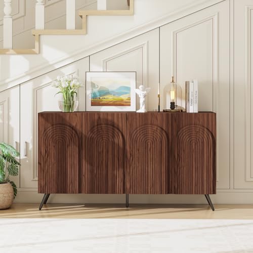 59.05" Sideboard Buffet Cabinet with Storage, Carved 4 Doors Accent Cabinet with Adjustable Shelf, Credenzas for Living Room, Kitchen, Dining Room(Walnut) - color: Walnut-4 Door