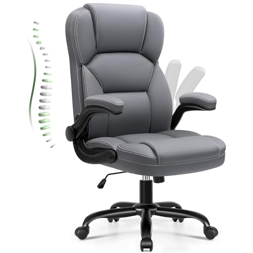 Leather Office Chair with Flip Up Arms, 360° Swivel Ergonomic Desk Chair with Wheels, Adjustable Height Computer Chair with Padded Seat for Home Office, Study,Gaming Room, Gray - color: Grey