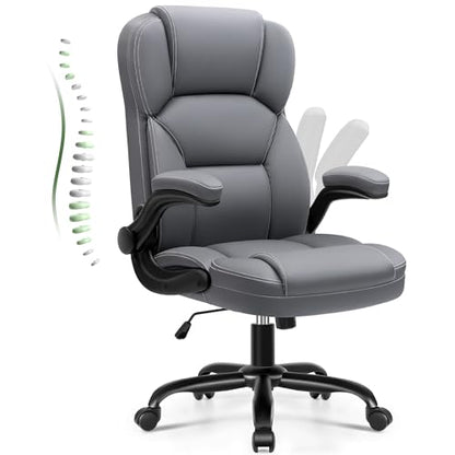 Leather Office Chair with Flip Up Arms, 360° Swivel Ergonomic Desk Chair with Wheels, Adjustable Height Computer Chair with Padded Seat for Home Office, Study,Gaming Room, Gray - color: Grey