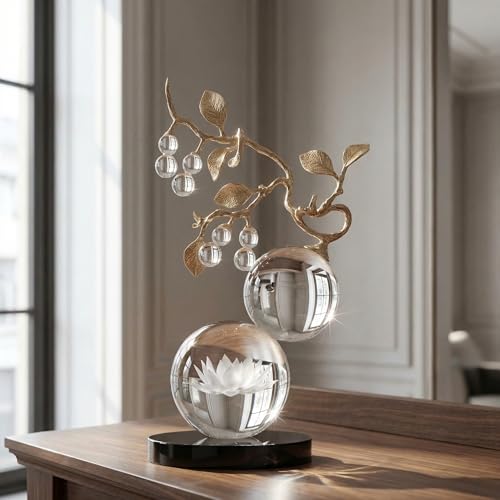 Clear Glass Sculpture, Nature Inspired Decorative Statue with Gold Metal Branch - Minimalist Desk Sculpture Home Decor for Tabletop Living Room Shelf Desk Office - Unique Housewarming Gift - color: Clear-small