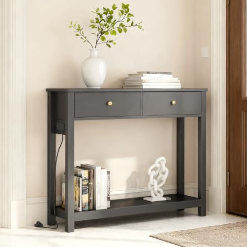 Gizoon Sofa Table with Outlets and USB Ports, Black | Console Table with 3 Drawers, Narrow Long Storage Shelves for Living Room, Couch, Hallway, Foyer, Entryway - color: Black, size: 39"W with Outlets