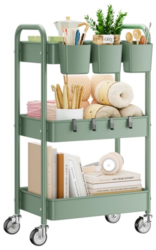 3-Tier Rolling Cart, Green, 66 Pounds Capacity, Mesh Storage Organizer with Lockable Wheels, 3 Hanging Cups, 4 Hooks, Easy Assembly, for Kitchen, Bathroom, Laundry, Grocery | Sturdy Rolling Storage Cart With Hooks & Hanging Cups, Great For Craft, Art Work