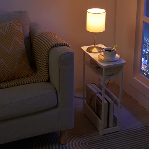 YEAKOO Narrow Side Table with Charging Station, 3-Tier End Table with 2 USB Ports & Power Outlets,Thin Sofa Side Table for Narrow and Small Spaces, Bedside Table Nightstand for Living Room,White - color: White