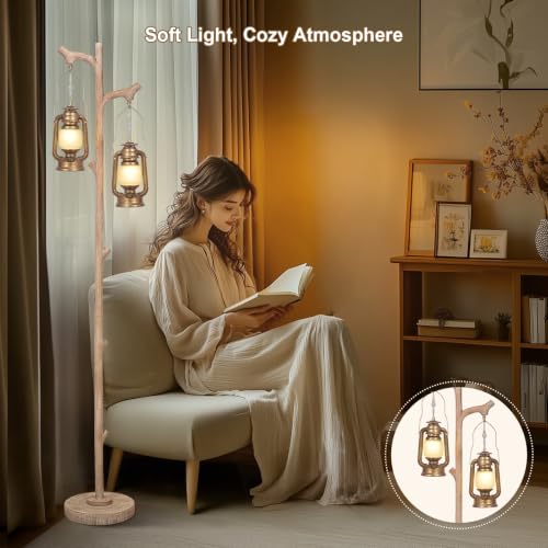 Scenekoy Vintage 68” Tall Resin Floor Lamp with Lanterns, Dimmable | Antiques Tree Trunk Finish Retro Standing Lamp, Stand Up Corner Lamp with Bulb Prefer for Living Room Bedroom Home Decor - color: Antique Brass