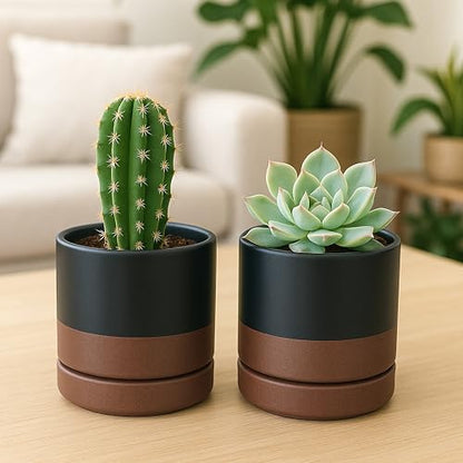 D'vine Dev 2-Pack Ceramic Pots with Saucers, Black/Tan, 4.7 in, 94-V-B-7 | Modern Cylinder Design, Glazed Ceramic, Drainage Hole & Saucer Included, High Temperature Fired, Elegant Home Accent - color: Black/Speckled Tan, size: 4.7 Inch