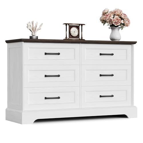 Furmax Farmhouse Dresser for Bedroom, 6 Drawers Dresser, White & Brown | Wood Chest of Drawers, 47.2" Storage Organizer, Anti-tip, TV Stand for Living Room - color: White and Brown