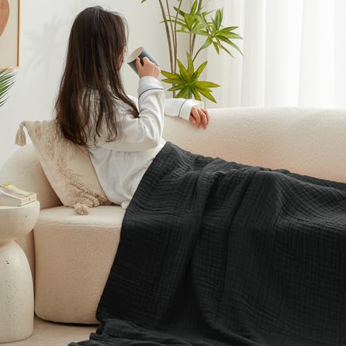 Love's cabin 100% Cotton Muslin Blanket, 6 Layer Lightweight Breathable Gauze Queen Size Blanket 90 x 90 Inches, Soft All Season Blanket for Bed, Black - color: Black, size: Queen(90"x90")