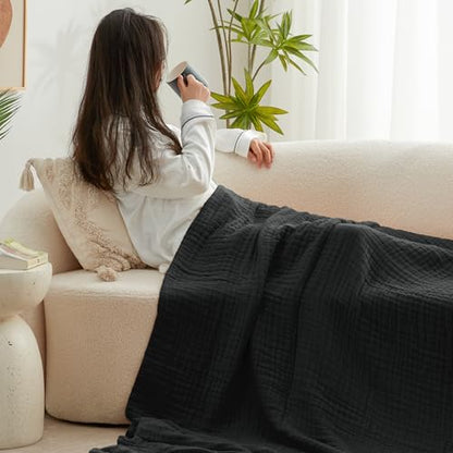 Love's cabin 100% Cotton Muslin Blanket, 6 Layer Lightweight Breathable Gauze Queen Size Blanket 90 x 90 Inches, Soft All Season Blanket for Bed, Black - color: Black, size: Queen(90"x90")