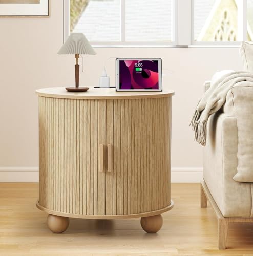 Fluted Round End Table with Charging Station, 24" Side Table,Natural | Large Farmhouse Sofa Side Table Living Room, Mid-Century Wood Nightstand with Sliding Tambour Door & Storage, Round End Table - color: Natural