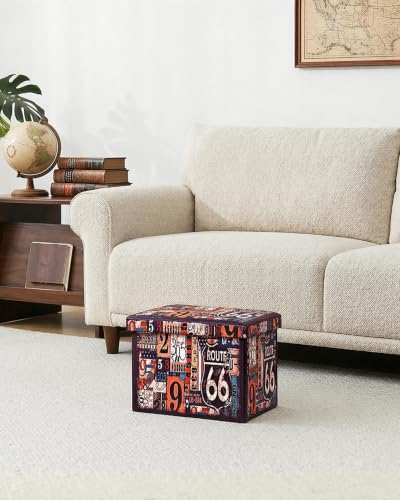B FSOBEIIALEO Route 66 Storage Ottoman Bench, Faux Leather Foot Rest Seat for Living Room, Storage Organizer 16.54"x12.6"x12.6" - size: 16.54*12.6*12.6 inches