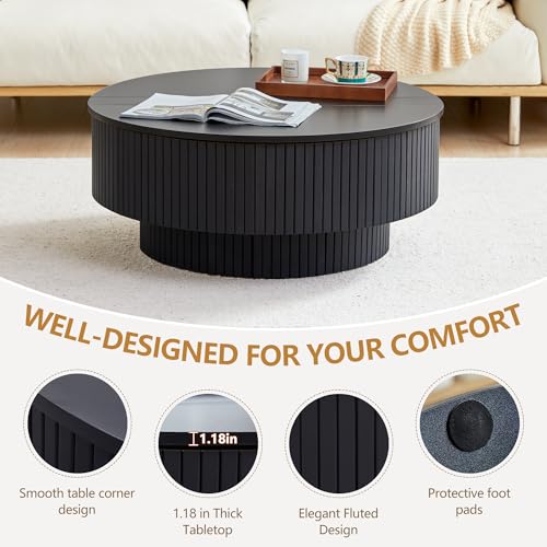 33" Round Coffee Table with Lift-Top & Flip-Top Storage, Modern Accent Fluted Coffee Tables with Metal Frame, Wooden Circle Center Table for Living Room Small Space Apartment Office (Black) - color: Black 33" Round Lift-top & Flip-top