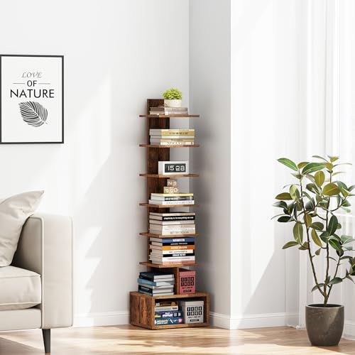 TUTOTAK Book Shelf, Narrow Spine Bookshelf, 8-Tier Bookcase for Small Space | 10.4 x 11.8 x 47.5 Inches Vertical Freestanding Corner Shelf for Living Room, Office, Study, Entryway, Brown BS07BB008 - color: Brown