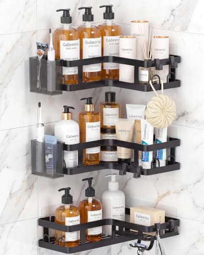 Corner Shower Caddy, 3 Pack Adhesive Shower Organizer Shelves | Rustproof Corner Shower Shelf with Hooks and Toothpaste Holder, No-Drill Adhesive Storage Rack for Bathroom and Kitchen - color: Matte Black, size: 25CM