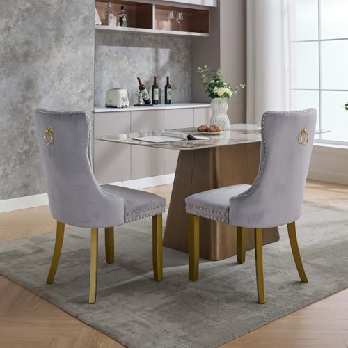 KEIKI Velvet Dining Chair, Upholstered Tufted Accent Seat | with Golden Solid Wood Legs for Dining Room Kitchen Room, Light Gray - color: Light Gray