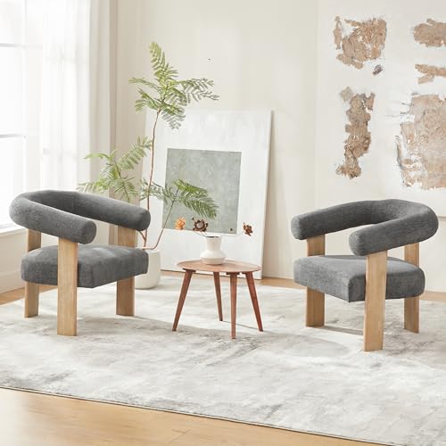 VKNOW Barrel Accent Chairs Set of 2 with Armrests and Rubberwood Legs | Mid Century Modern Upholstered Living Room Chairs with Open Back, Chenille Fabric, for Living Room, Bedroom, Dark Gray - color: Dark Gray, size: Set of 2
