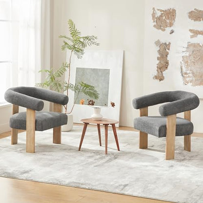 VKNOW Barrel Accent Chairs Set of 2 with Armrests and Rubberwood Legs | Mid Century Modern Upholstered Living Room Chairs with Open Back, Chenille Fabric, for Living Room, Bedroom, Dark Gray - color: Dark Gray, size: Set of 2