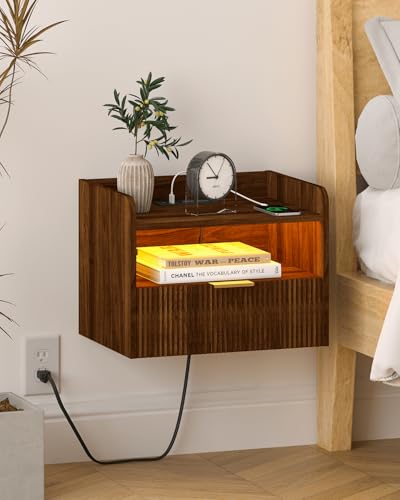 Veegle Floating Nightstand with Charging Station and LED Lights (Walnut Brown) - color: Walnut Brown
