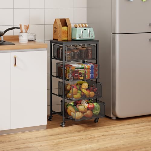 4-Tier Fruit Vegetable Storage Cart - Kitchen Organizer and Storage Cart with Wheels, Wooden Top Metal Wire Fruit Vegetable Rack Stand with Drawers to Storage Cans Snacks for Kitchen(Patent Pending) - size: 4-Tier